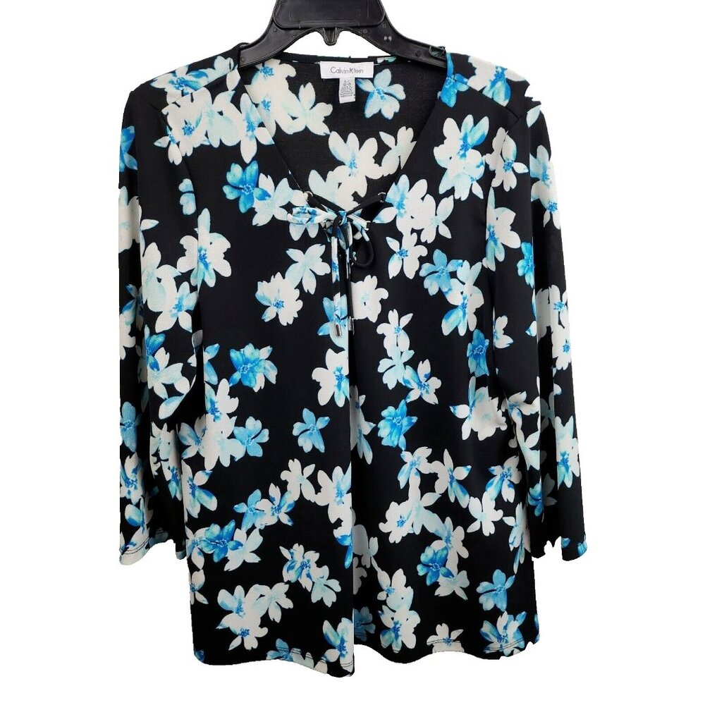 Calvin Klein Womens Blouse Top Large Black Blue Floral Lace Up Neck 3/4 Sleeve